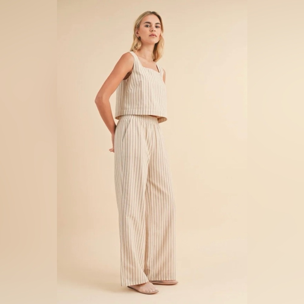 Wishlist Beige & White Striped Cotton Wide-Leg Two Piece Pant Set (Large)